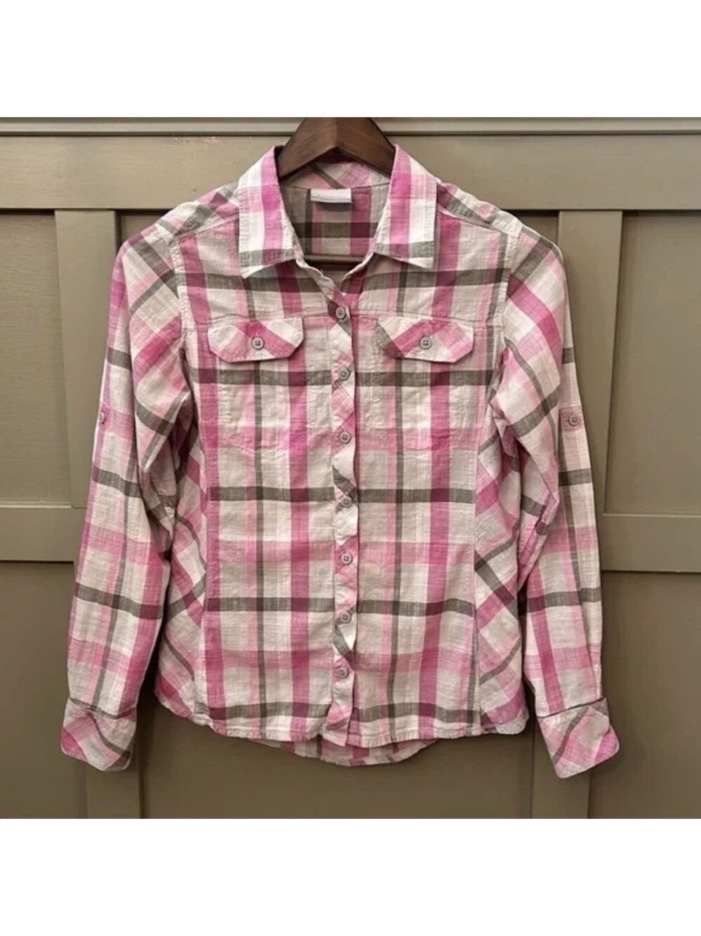 Columbia Camp Henry Long Sleeve Shirt Purple Lotus Plaid 100% Cotton Size Small
